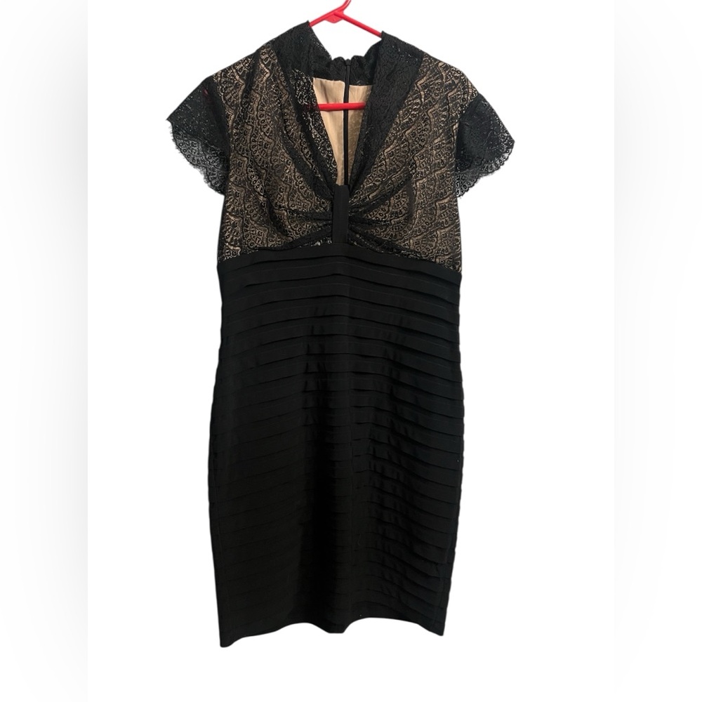 Adrianna Papell Lace Cocktail Dress Black Sz 14 Shutter Pleating Fitted V Neck